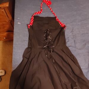 Elegant Black Backless Dress with Red Polka Dot Straps